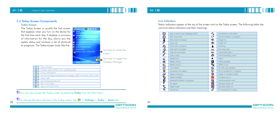 Opticon H-16 manual Today Screen Components, Icon Indicators 