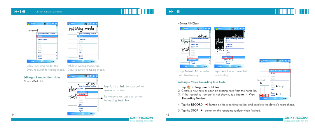 Opticon H-16 manual While in typing mode, tap, Record, Stop, Play 