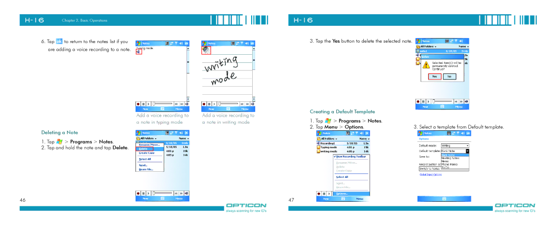 Opticon H-16 manual Add a voice recording to, Deleting a Note, Creating a Default Template 