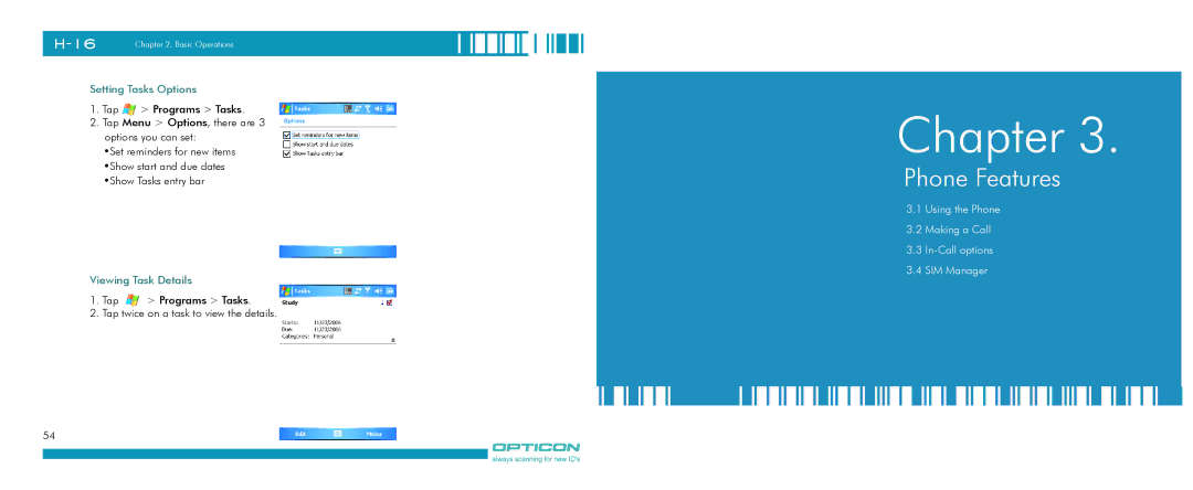 Opticon H-16 manual Phone Features, Setting Tasks Options, Viewing Task Details 