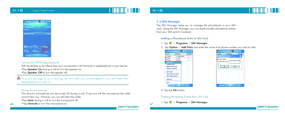 Opticon H-16 SIM Manager, Turning On/Off the Speakerphone, Muting the microphone, Adding a Phonebook Entry to SIM Card 