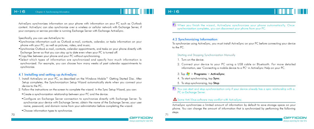 Opticon H-16 manual Installing and setting up ActiveSync, Starting and Stopping Synchronization Manually 