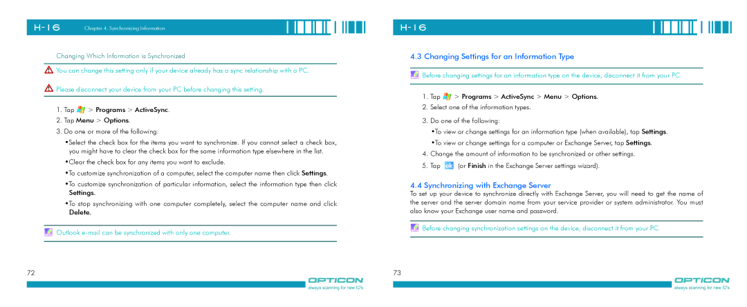 Opticon H-16 manual Changing Settings for an Information Type, Synchronizing with Exchange Server 