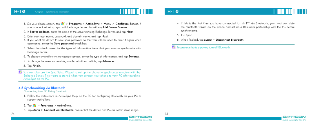 Opticon H-16 manual Synchronizing via Bluetooth, Connecting to a PC Using Bluetooth 