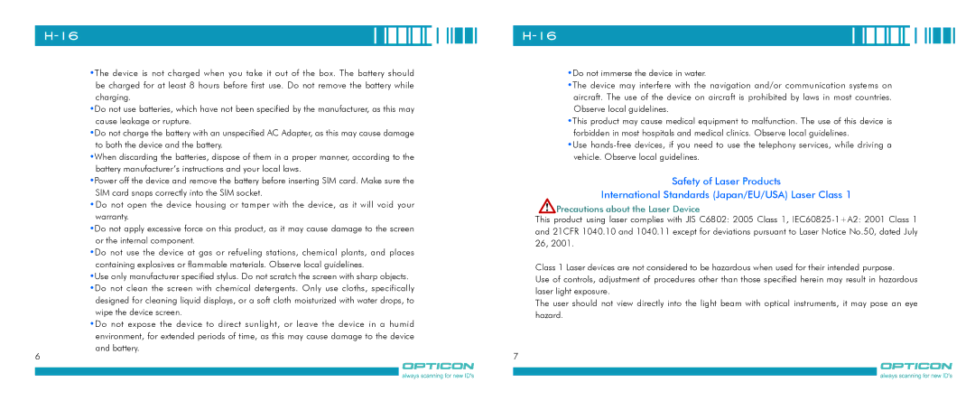 Opticon H-16 manual Precautions about the Laser Device 