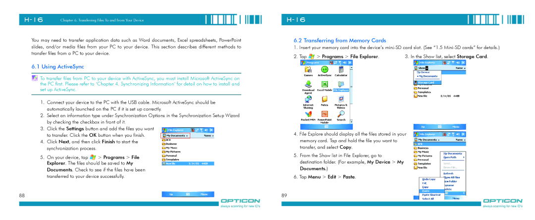 Opticon H-16 manual Using ActiveSync, Transferring from Memory Cards 