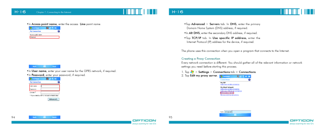 Opticon H-16 manual Creating a Proxy Connection 