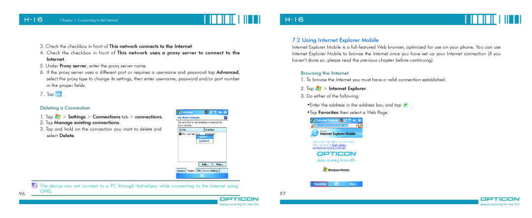 Opticon H-16 manual Using Internet Explorer Mobile, Deleting a Connection, Browsing the Internet 