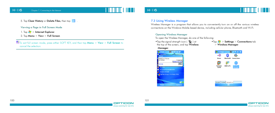 Opticon H-16 manual Using Wireless Manager, Viewing a Page in Full Screen Mode, Opening Wireless Manager 