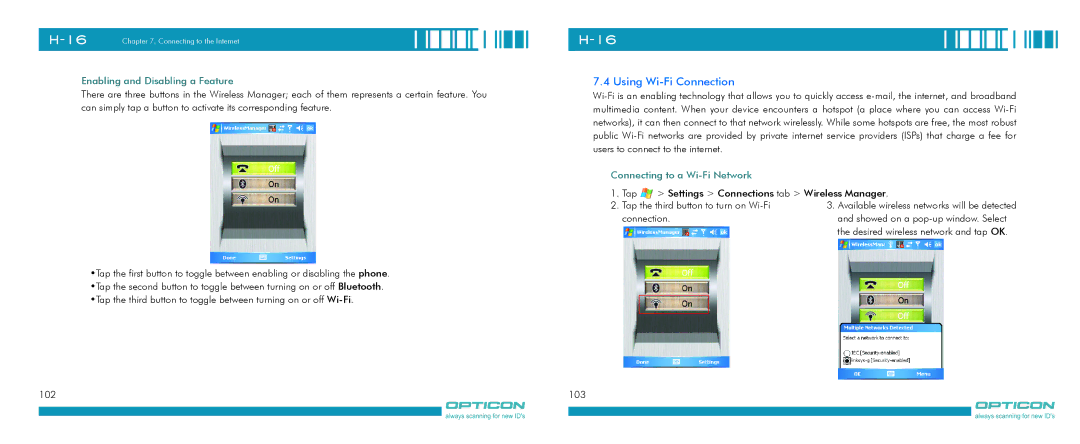 Opticon H-16 manual Using Wi-Fi Connection, Enabling and Disabling a Feature, Connecting to a Wi-Fi Network 