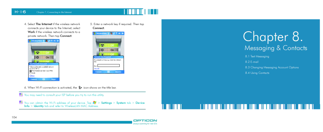 Opticon H-16 manual Messaging & Contacts 