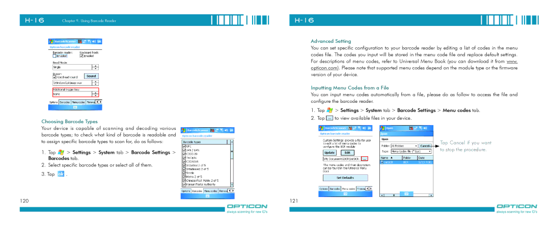 Opticon H-16 manual Choosing Barcode Types, Advanced Setting Inputting Menu Codes from a File 