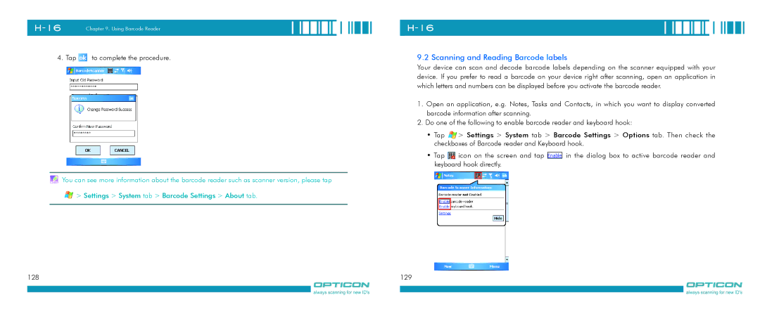 Opticon H-16 manual Scanning and Reading Barcode labels 