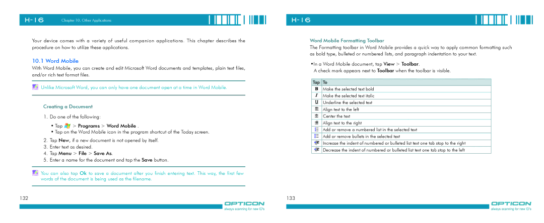 Opticon H-16 manual Creating a Document, Word Mobile Formatting Toolbar 