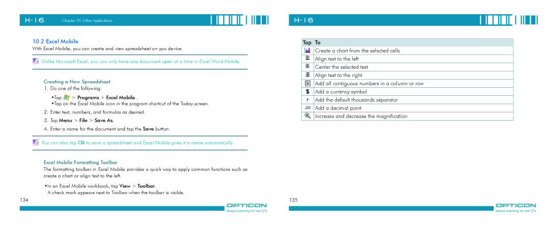 Opticon H-16 manual Creating a New Spreadsheet, Excel Mobile Formatting Toolbar 