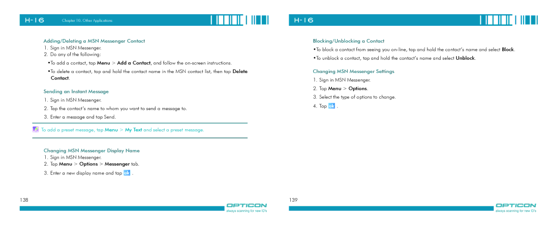 Opticon H-16 Adding/Deleting a MSN Messenger Contact, Sending an Instant Message, Changing MSN Messenger Display Name 