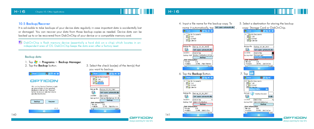 Opticon H-16 manual Backup/Recover, Backup data 