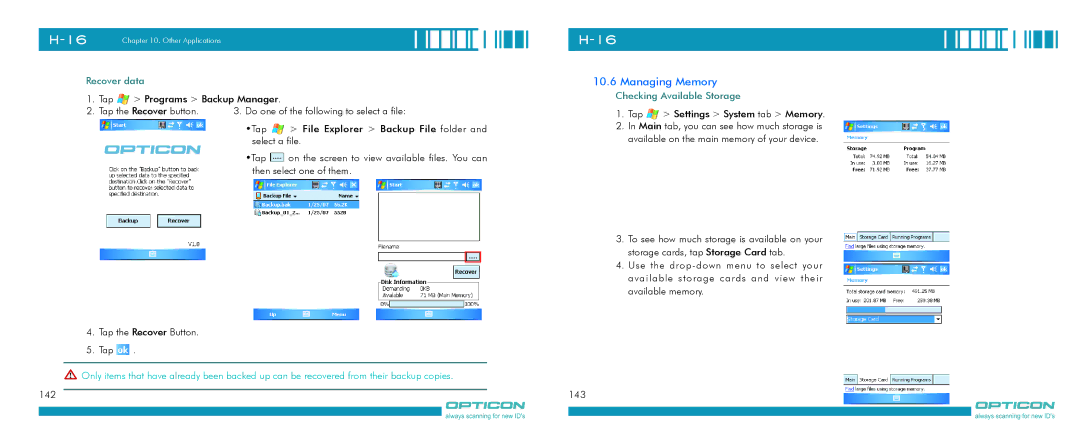 Opticon H-16 manual Managing Memory, Recover data, Checking Available Storage 