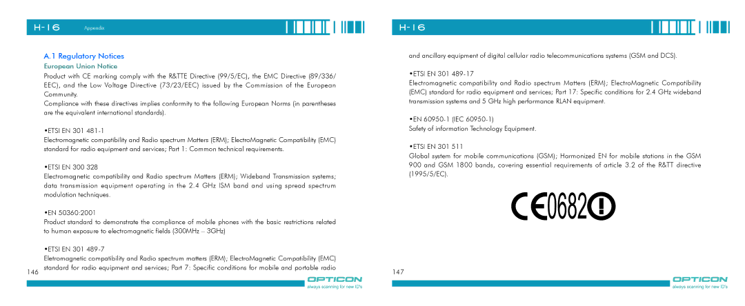 Opticon H-16 manual Regulatory Notices, European Union Notice 