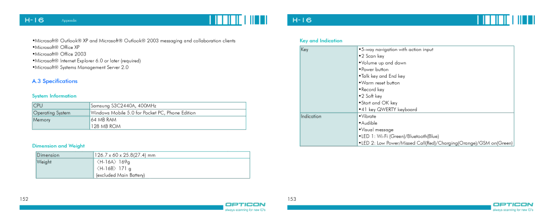 Opticon H-16 manual Specifications, Cpu 