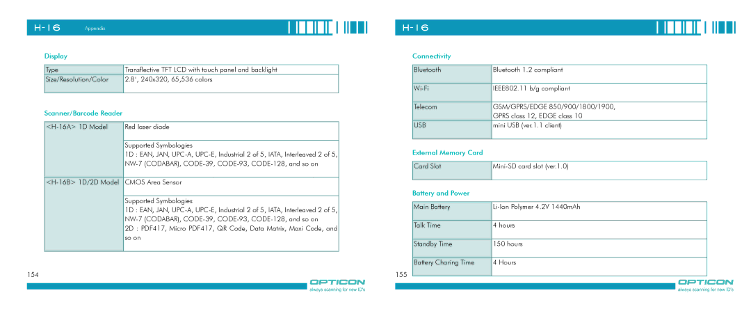 Opticon H-16 manual Usb 