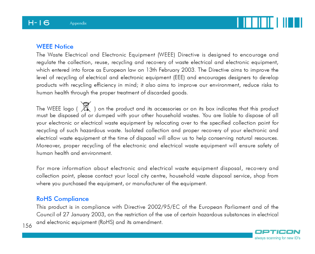 Opticon H-16 manual Weee Notice, RoHS Compliance 