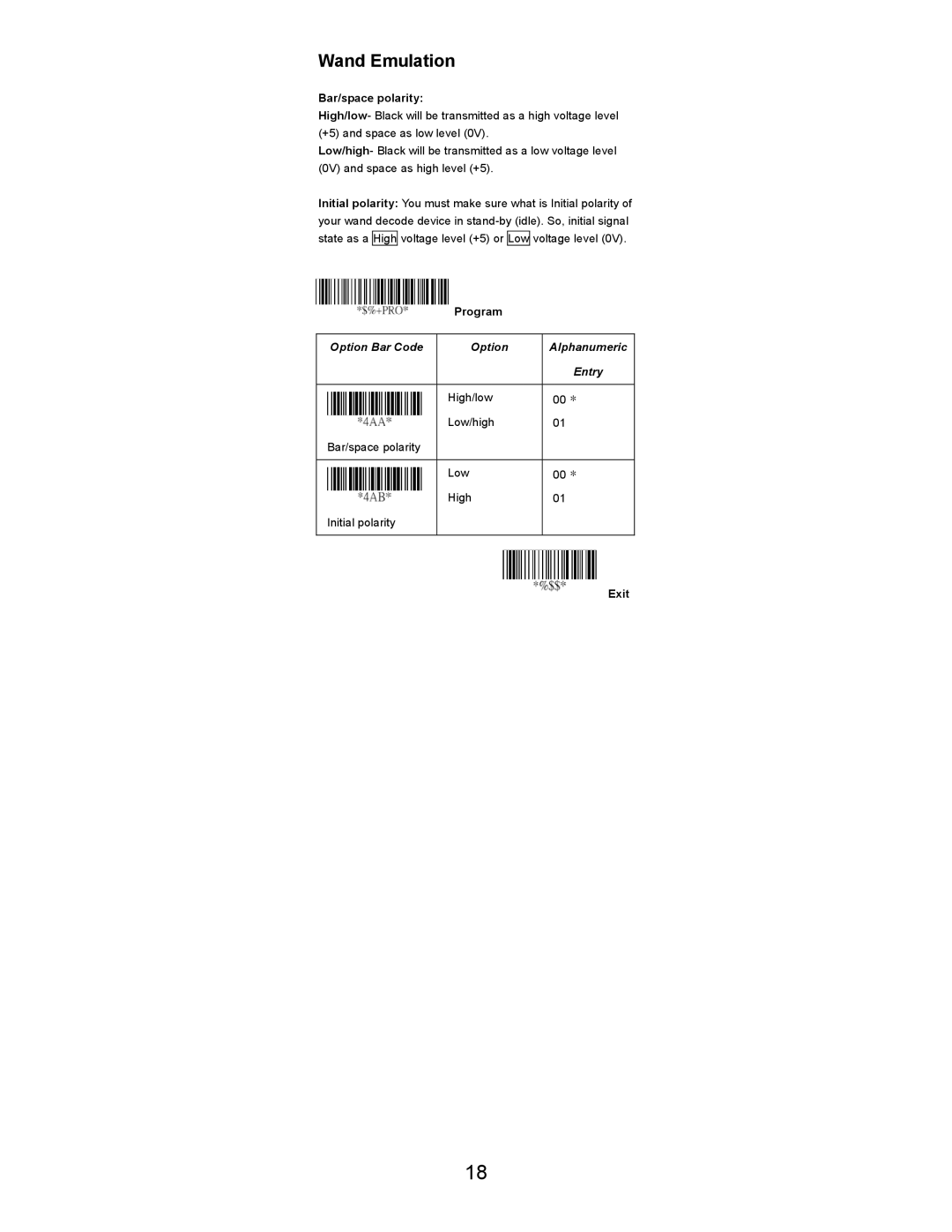 Opticon LGZ 7225 user manual Wand Emulation, Bar/space polarity 