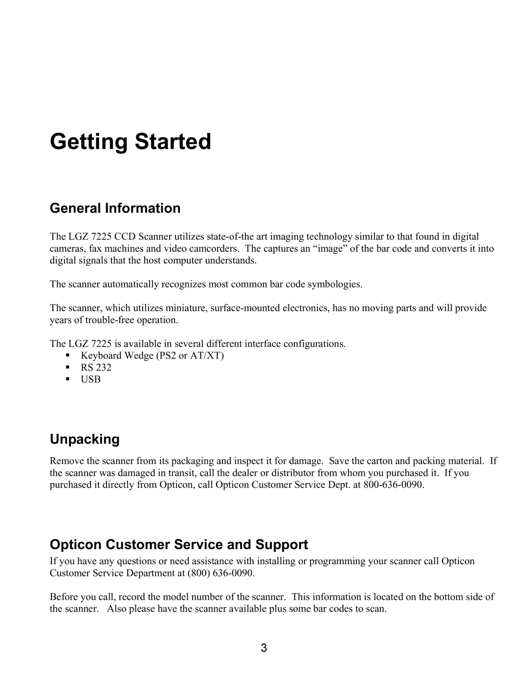 Opticon LGZ 7225 user manual Getting Started 