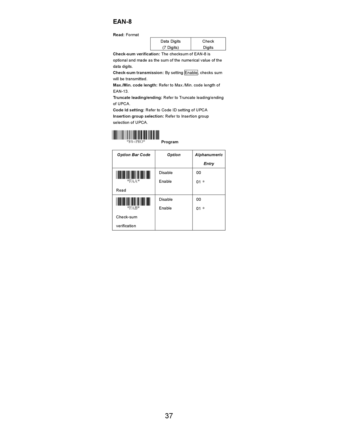 Opticon LGZ 7225 user manual EAN-8 