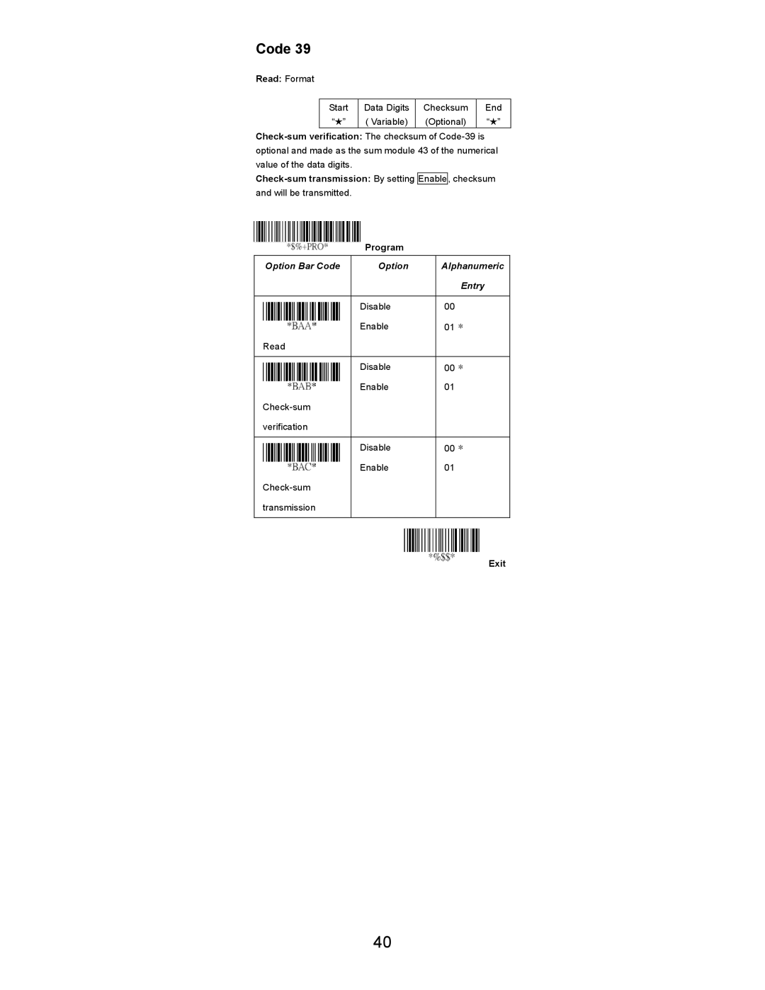 Opticon LGZ 7225 user manual Code, Read Format 