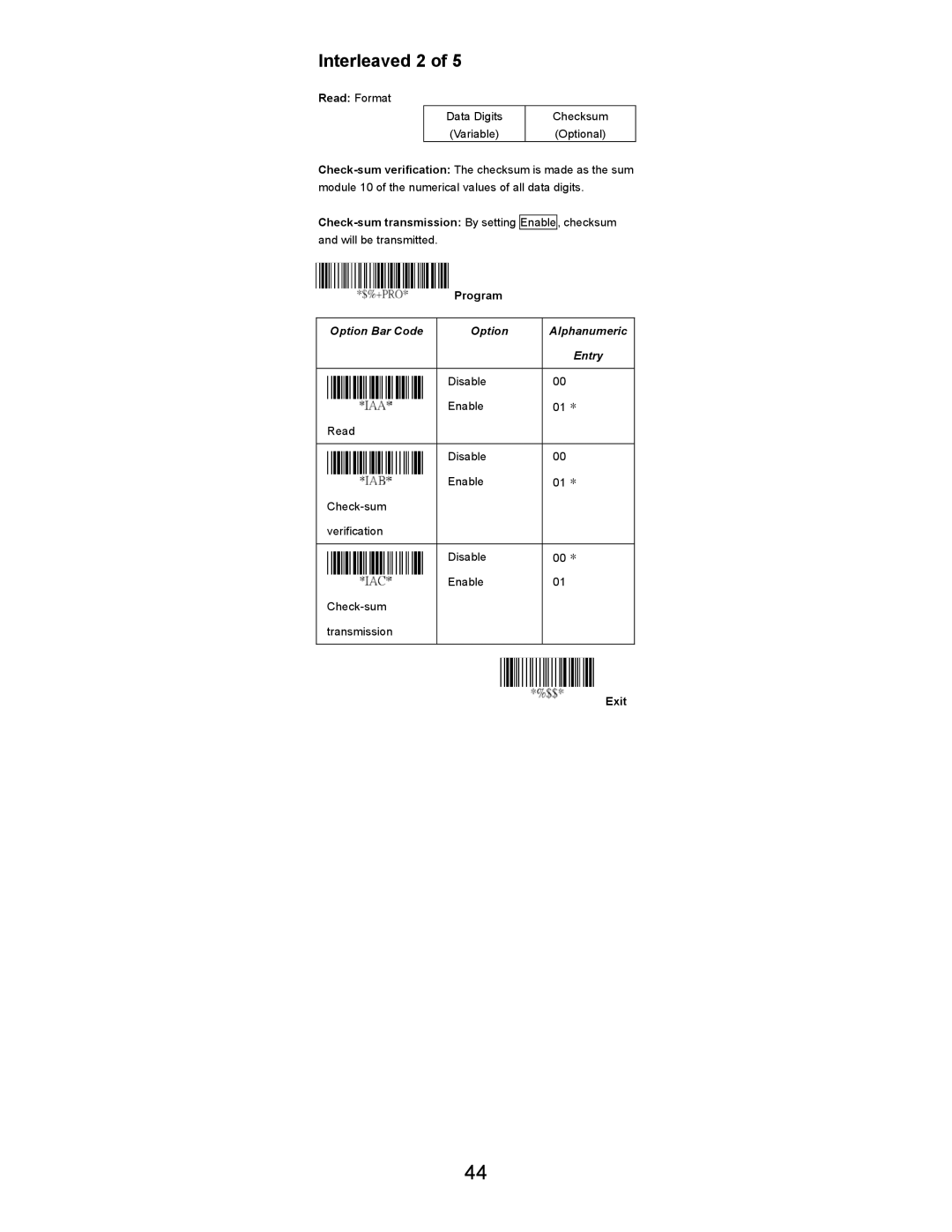 Opticon LGZ 7225 user manual Interleaved 2, Read Format 