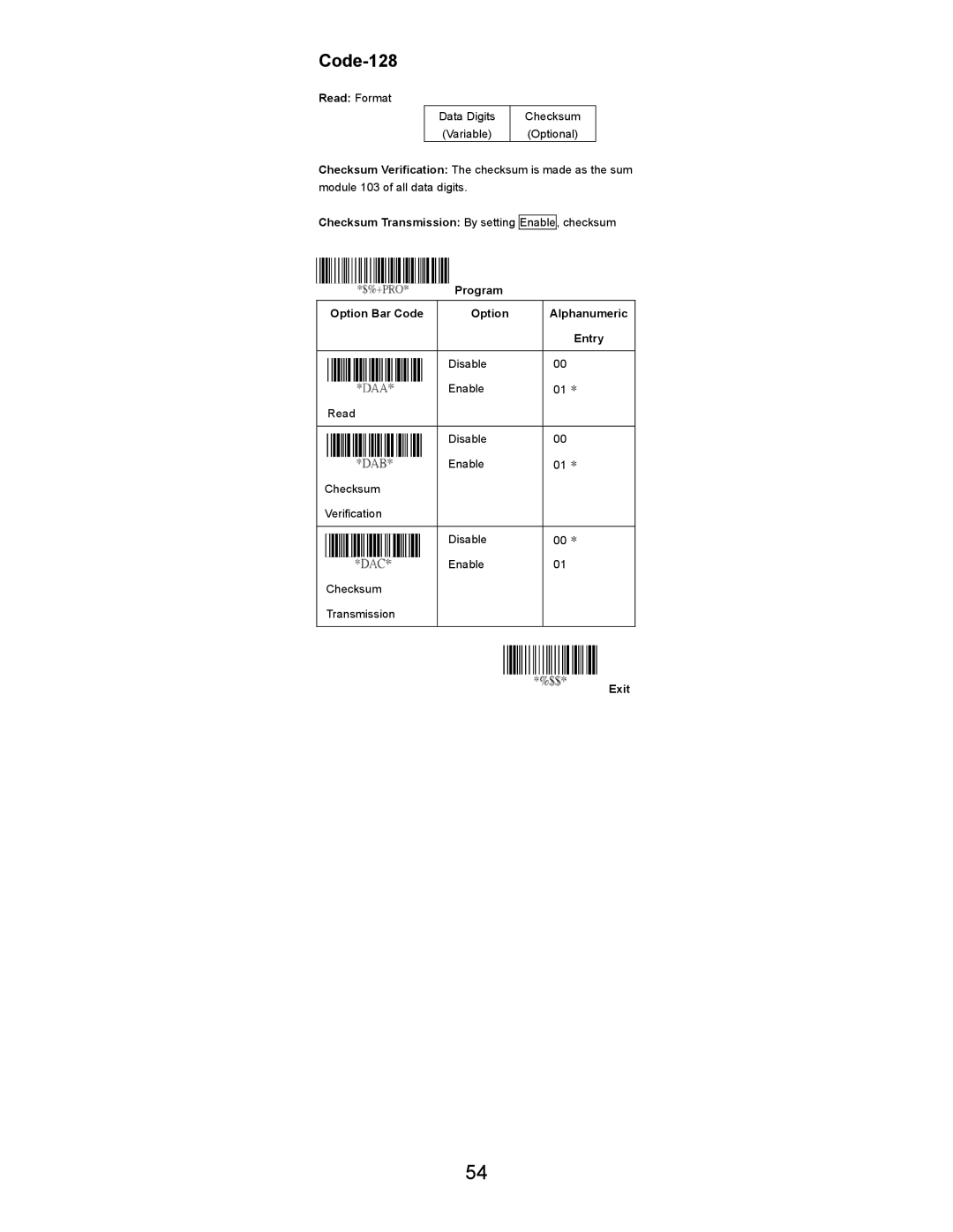 Opticon LGZ 7225 user manual Code-128, Read Format 