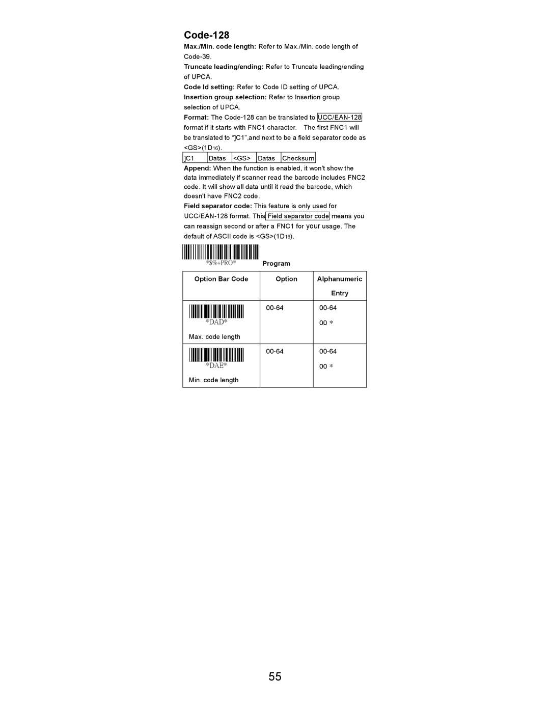 Opticon LGZ 7225 user manual 00-64 Max. code length Min. code length 