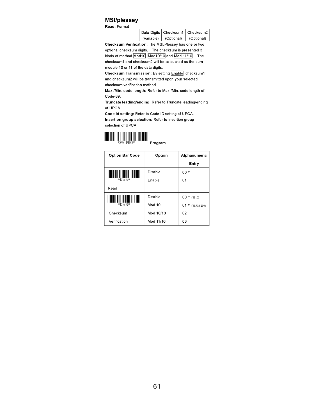 Opticon LGZ 7225 user manual MSI/plessey 