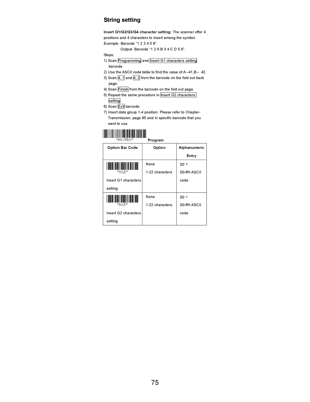 Opticon LGZ 7225 user manual String setting 