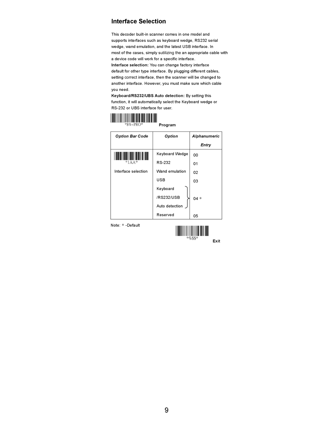 Opticon LGZ 7225 user manual Interface Selection, Exit 