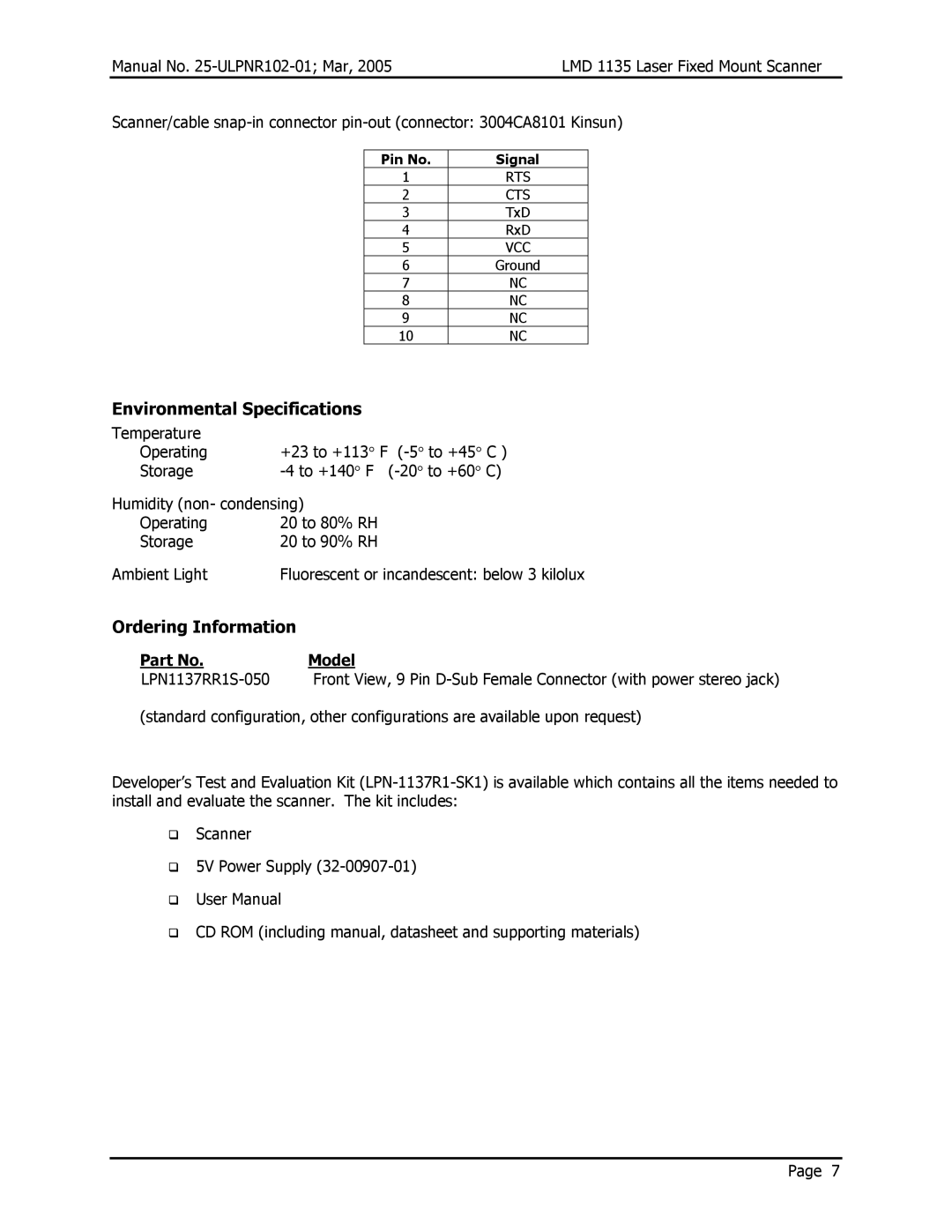 Opticon LMD 1135 user manual Environmental Specifications, Ordering Information, Model, Pin No Signal 