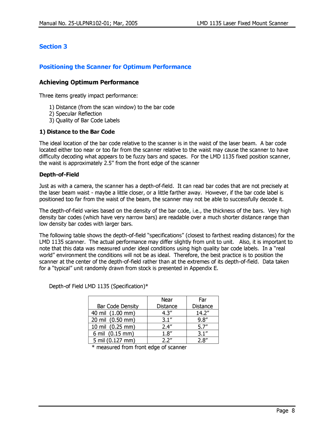 Opticon LMD 1135 Section Positioning the Scanner for Optimum Performance, Achieving Optimum Performance, Depth-of-Field 