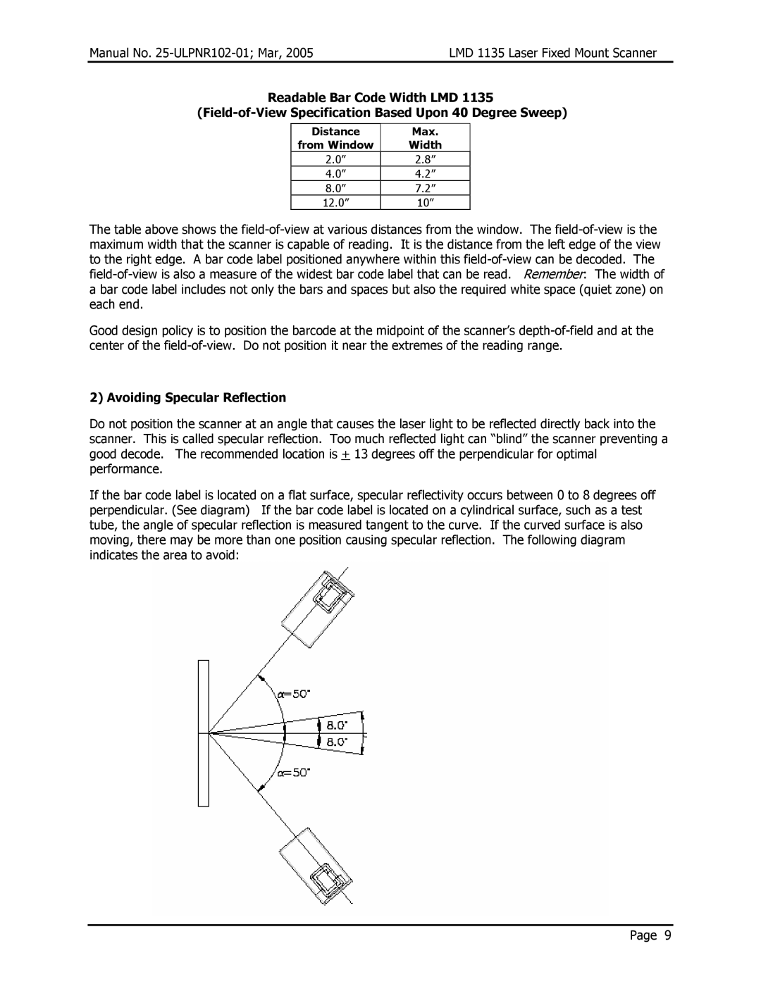 Opticon LMD 1135 user manual Avoiding Specular Reflection, Distance Max From Window Width 