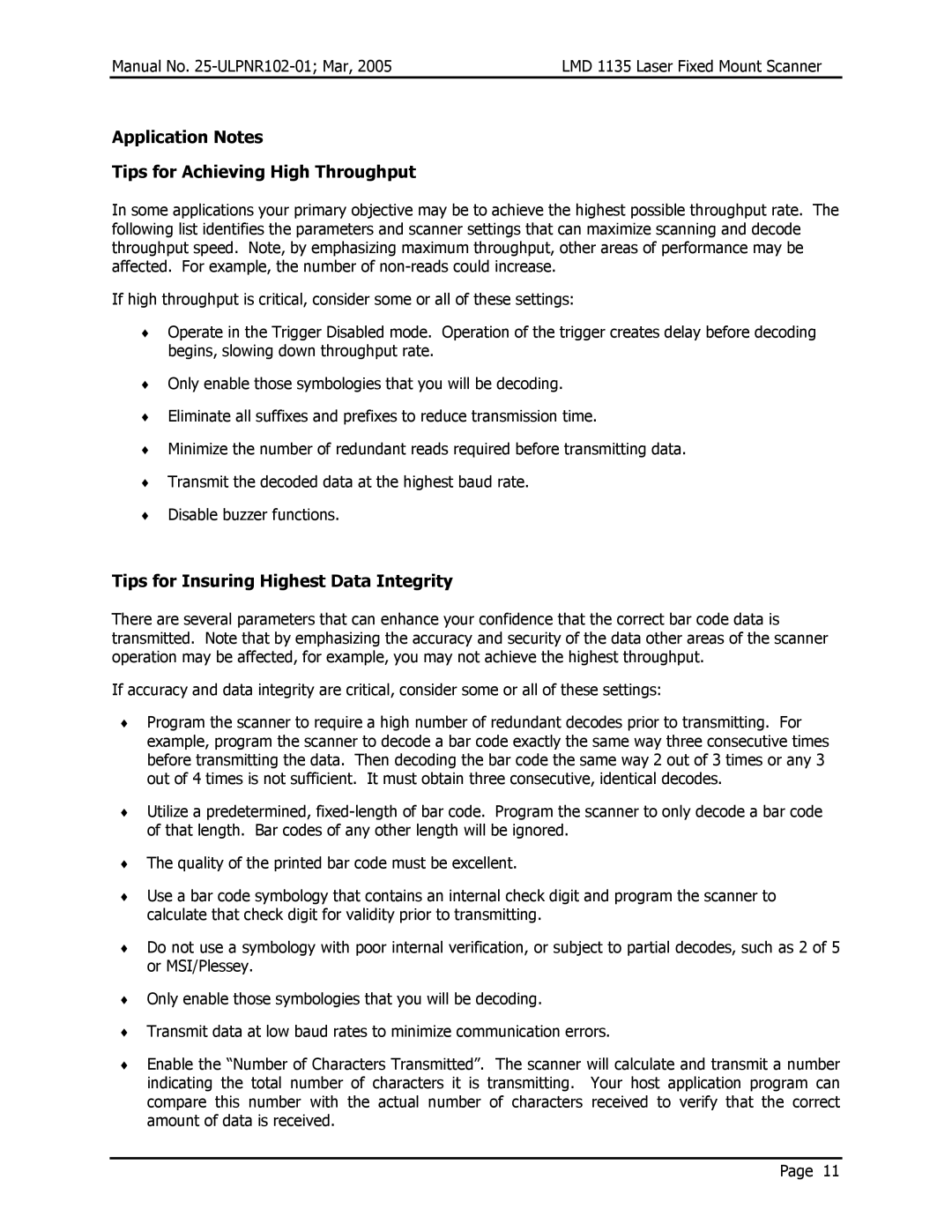 Opticon LMD 1135 user manual Application Notes Tips for Achieving High Throughput, Tips for Insuring Highest Data Integrity 