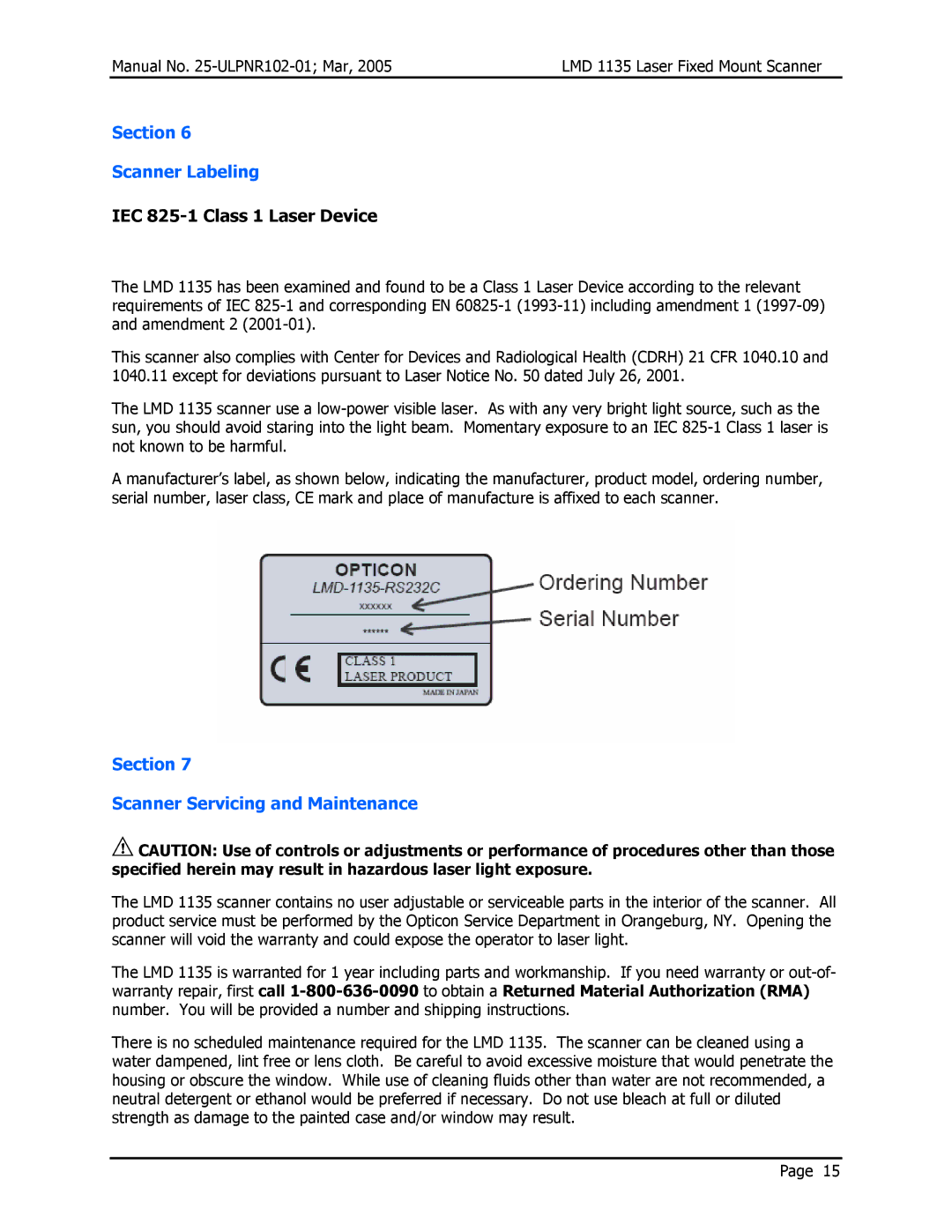 Opticon LMD 1135 Section Scanner Labeling, IEC 825-1 Class 1 Laser Device, Section Scanner Servicing and Maintenance 