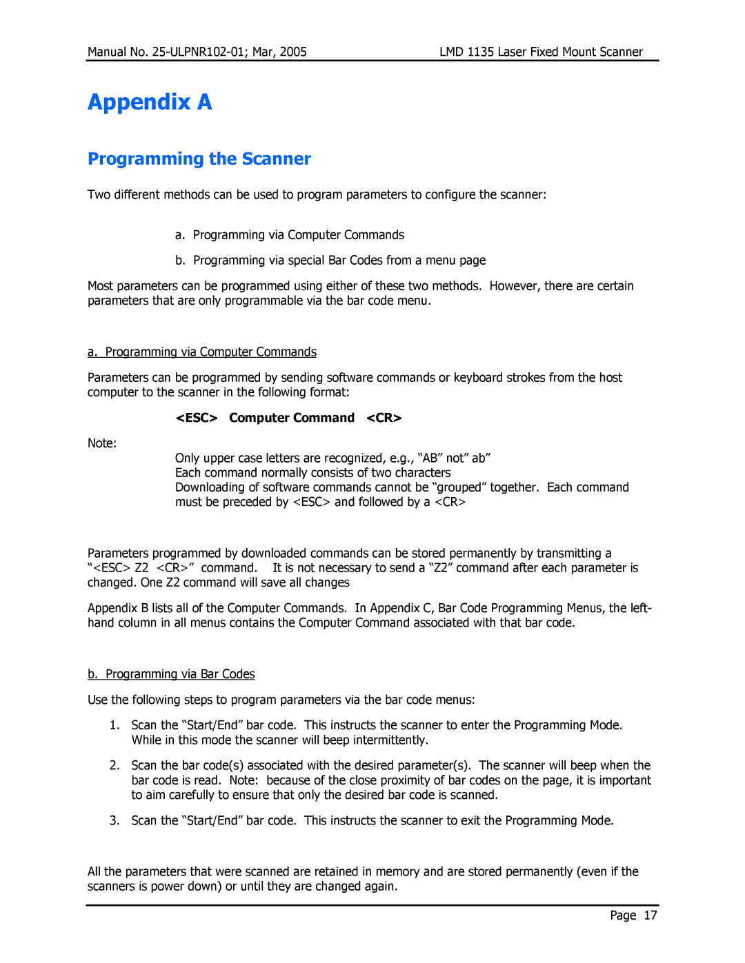 Opticon LMD 1135 user manual Appendix a, ESC Computer Command CR 