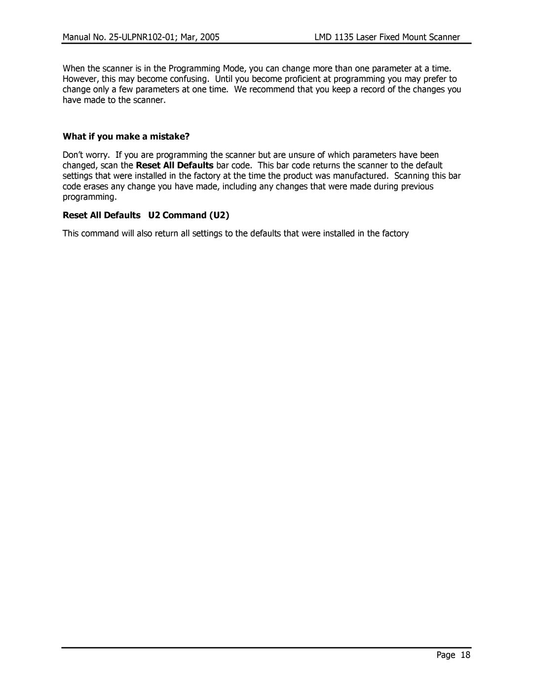 Opticon LMD 1135 user manual What if you make a mistake?, Reset All Defaults U2 Command U2 