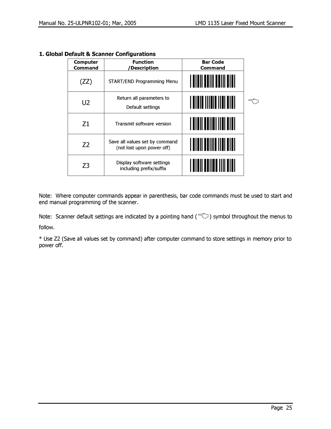 Opticon LMD 1135 Global Default & Scanner Configurations, Computer, Command Description, Including prefix/suffix 