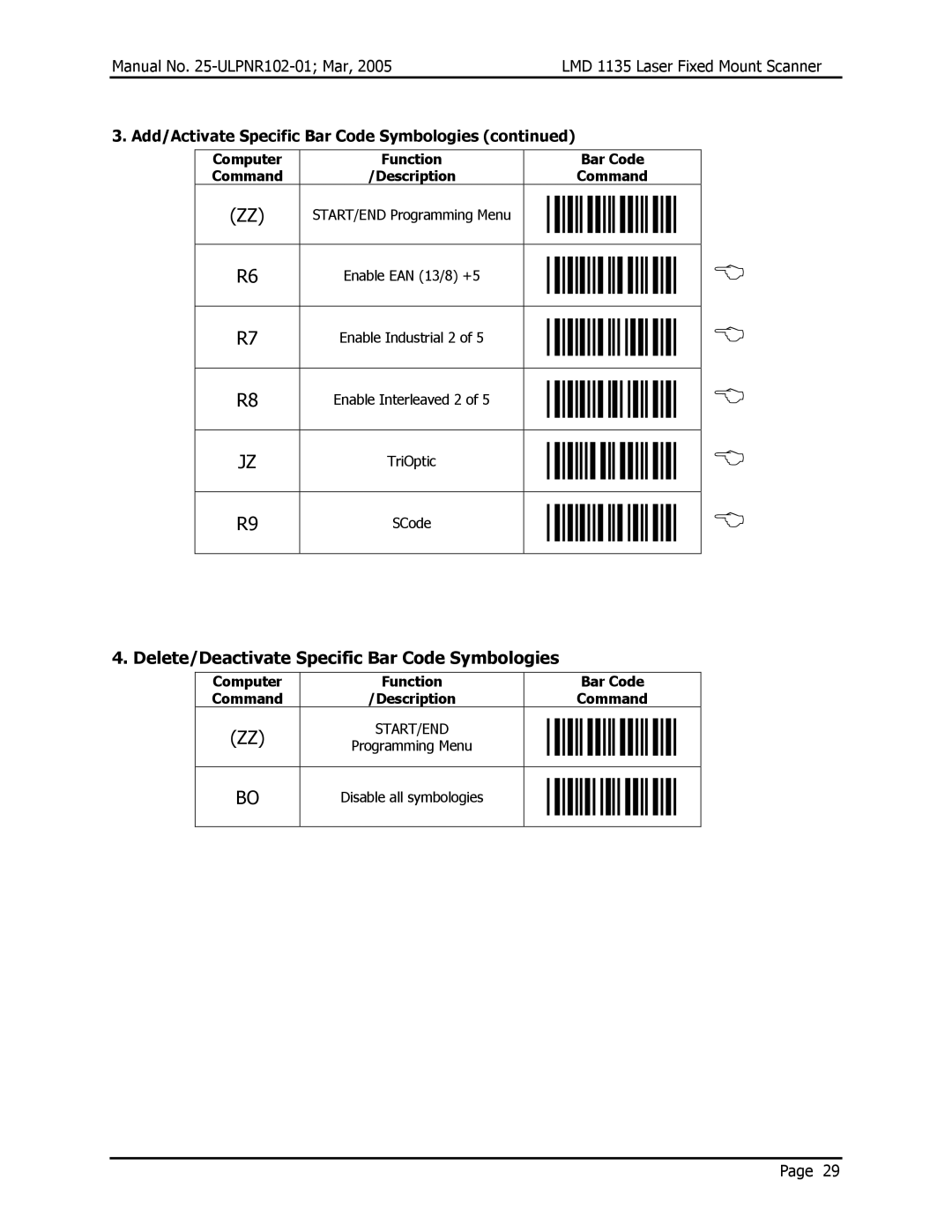 Opticon LMD 1135 user manual Delete/Deactivate Specific Bar Code Symbologies, Add/Activate Specific Bar Code Symbologies 