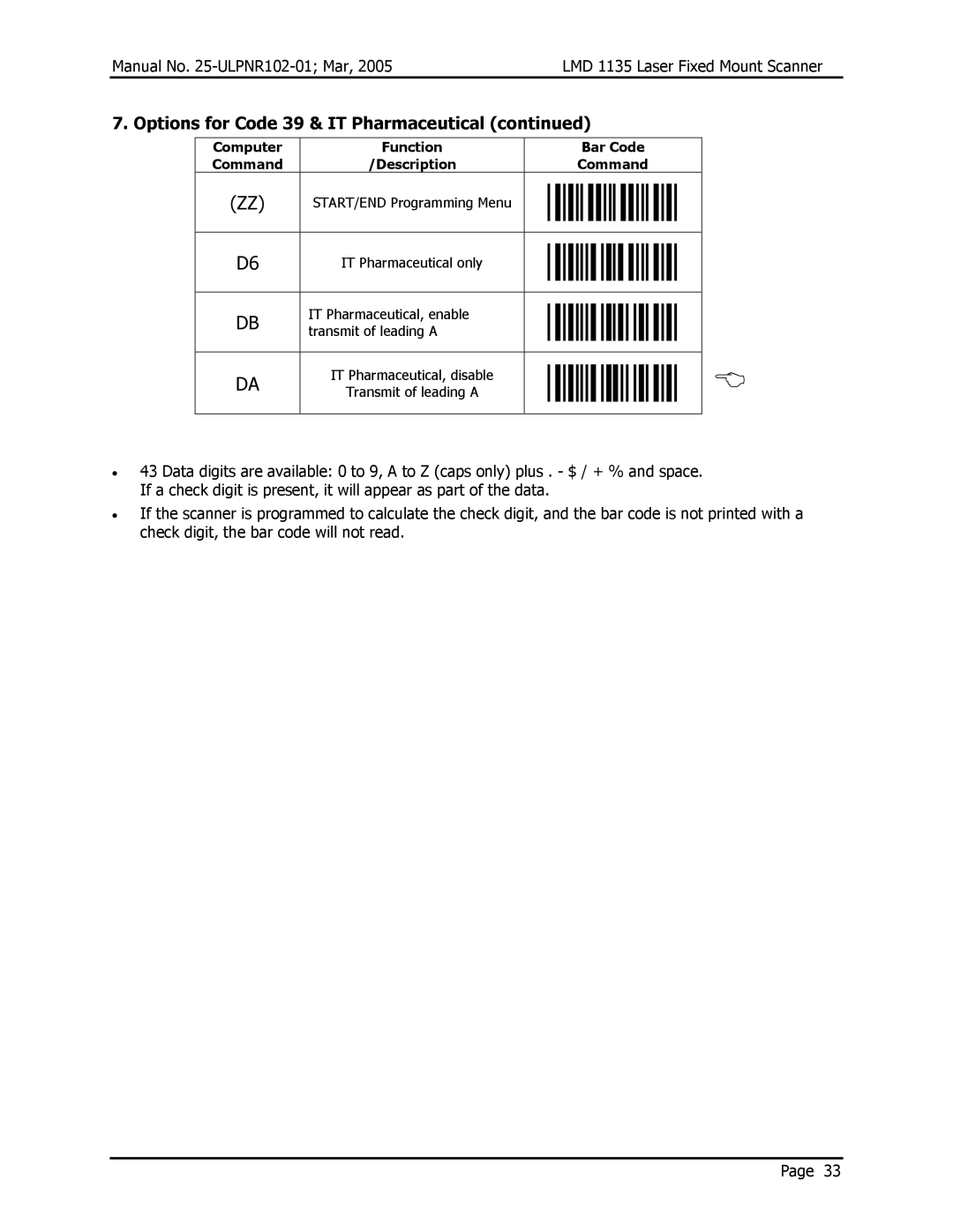 Opticon LMD 1135 user manual Description Command, IT Pharmaceutical, enable Transmit of leading a 