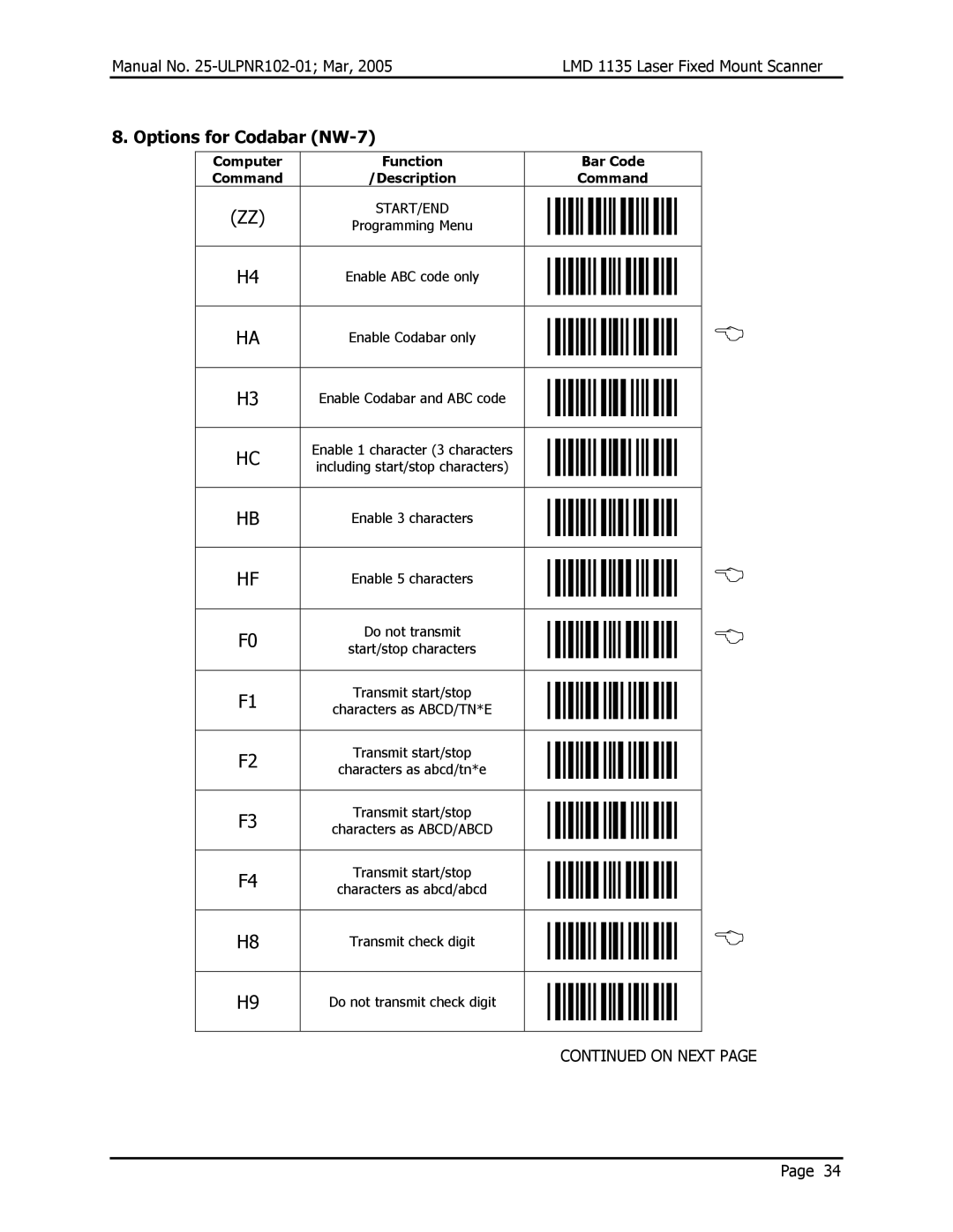 Opticon LMD 1135 user manual Options for Codabar NW-7 