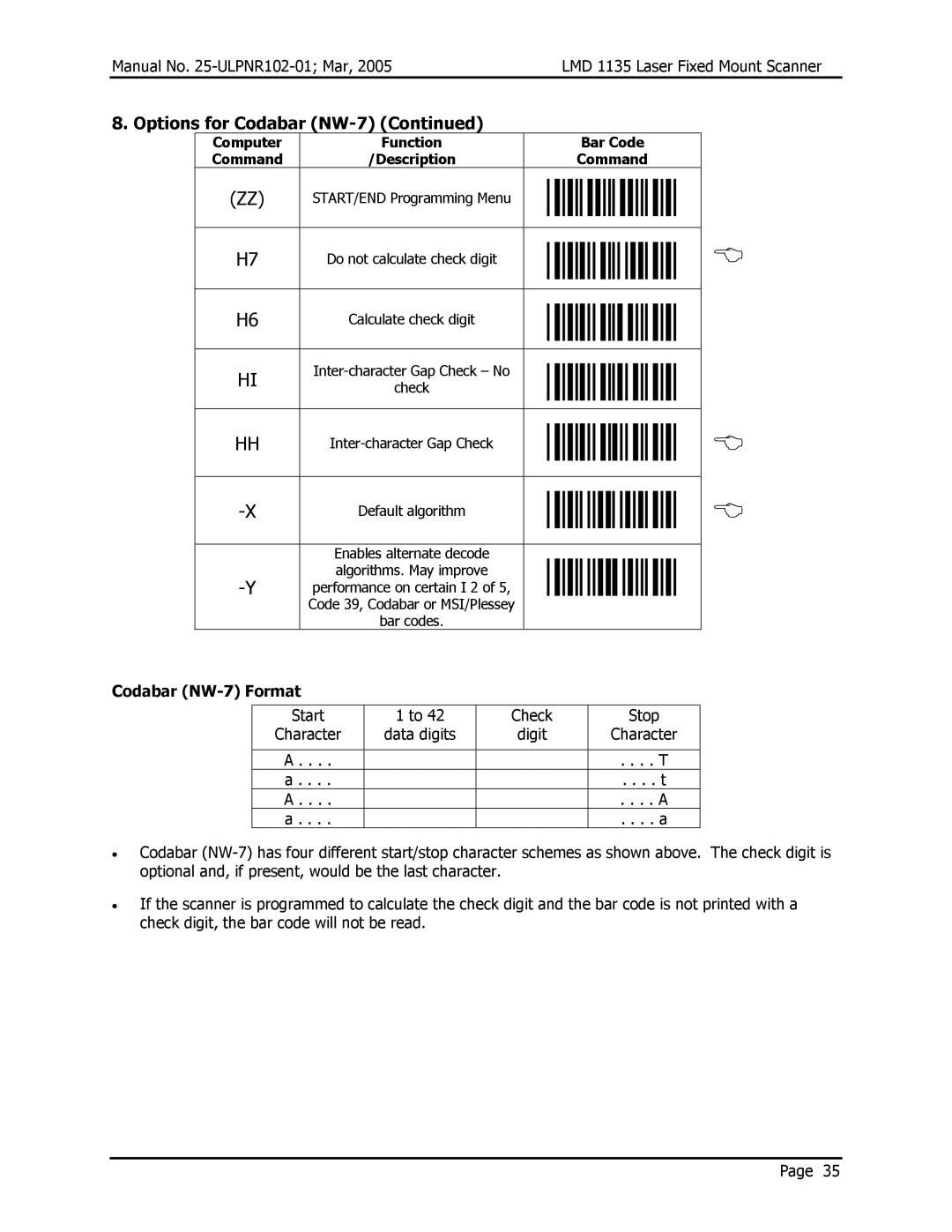 Opticon LMD 1135 user manual Codabar NW-7 Format 