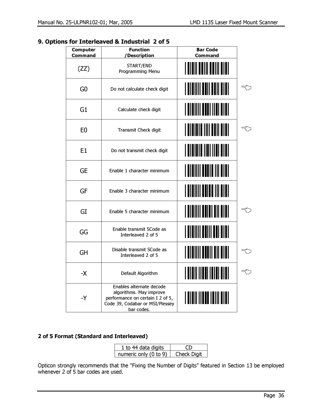 Opticon LMD 1135 user manual Options for Interleaved & Industrial 2, Format Standard and Interleaved 