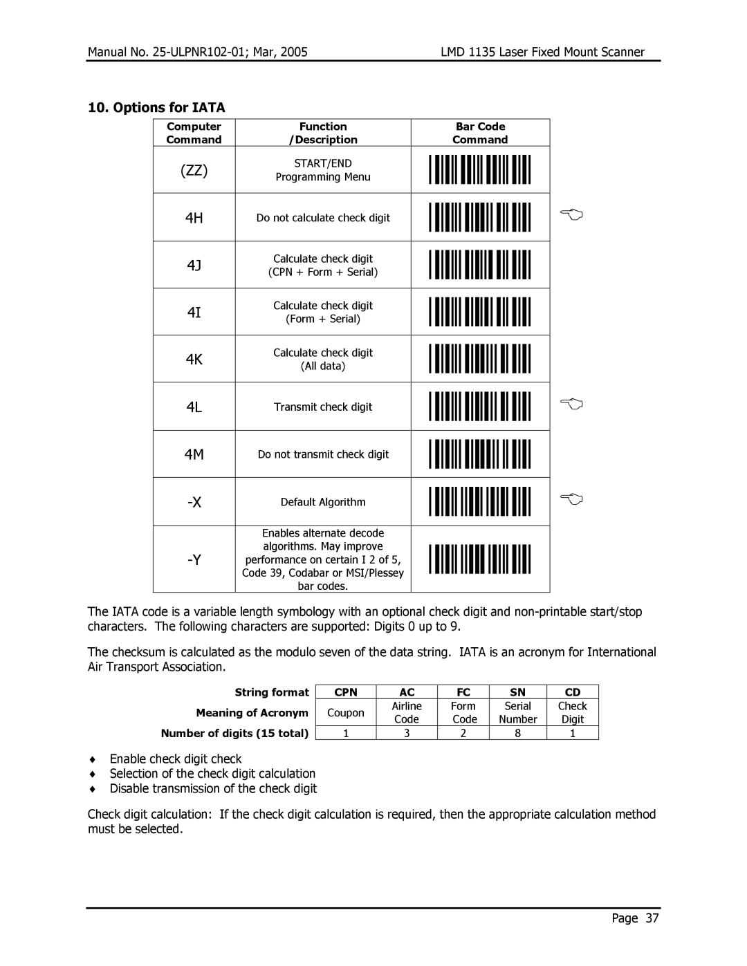 Opticon LMD 1135 user manual Options for Iata, String format, Meaning of Acronym, Number of digits 15 total 